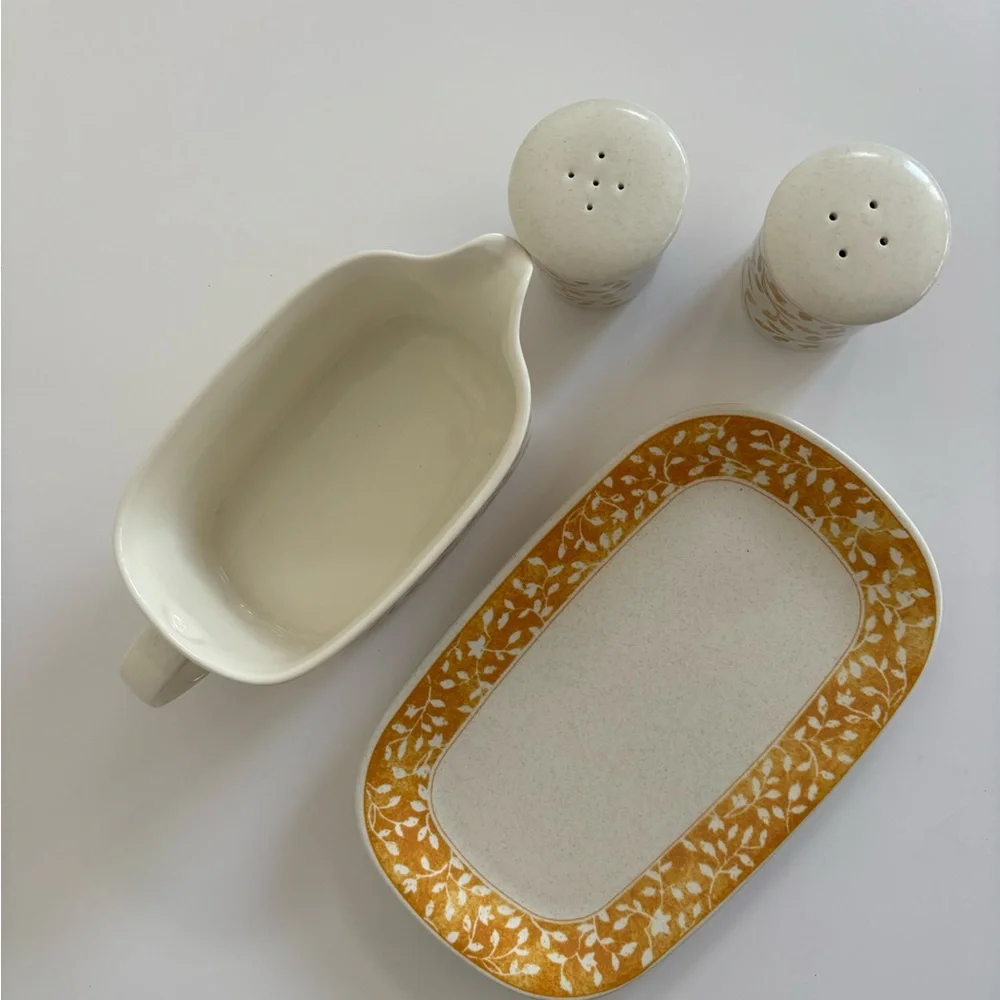 Vintage Mikasa Intaglio Gravy Boat with Salt and Pepper Shakers Ardsley Yellow